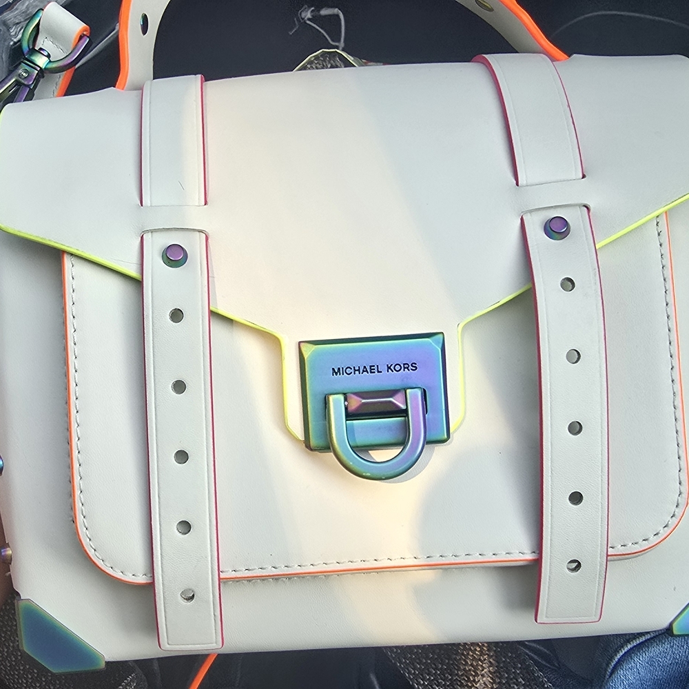 Michael Kors White Satchel with Neon Accents
